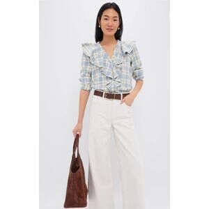 TUCKERNUCK Blue Plaid V Neck Ruffle Eileen Button Down Sz M Women's New $148
